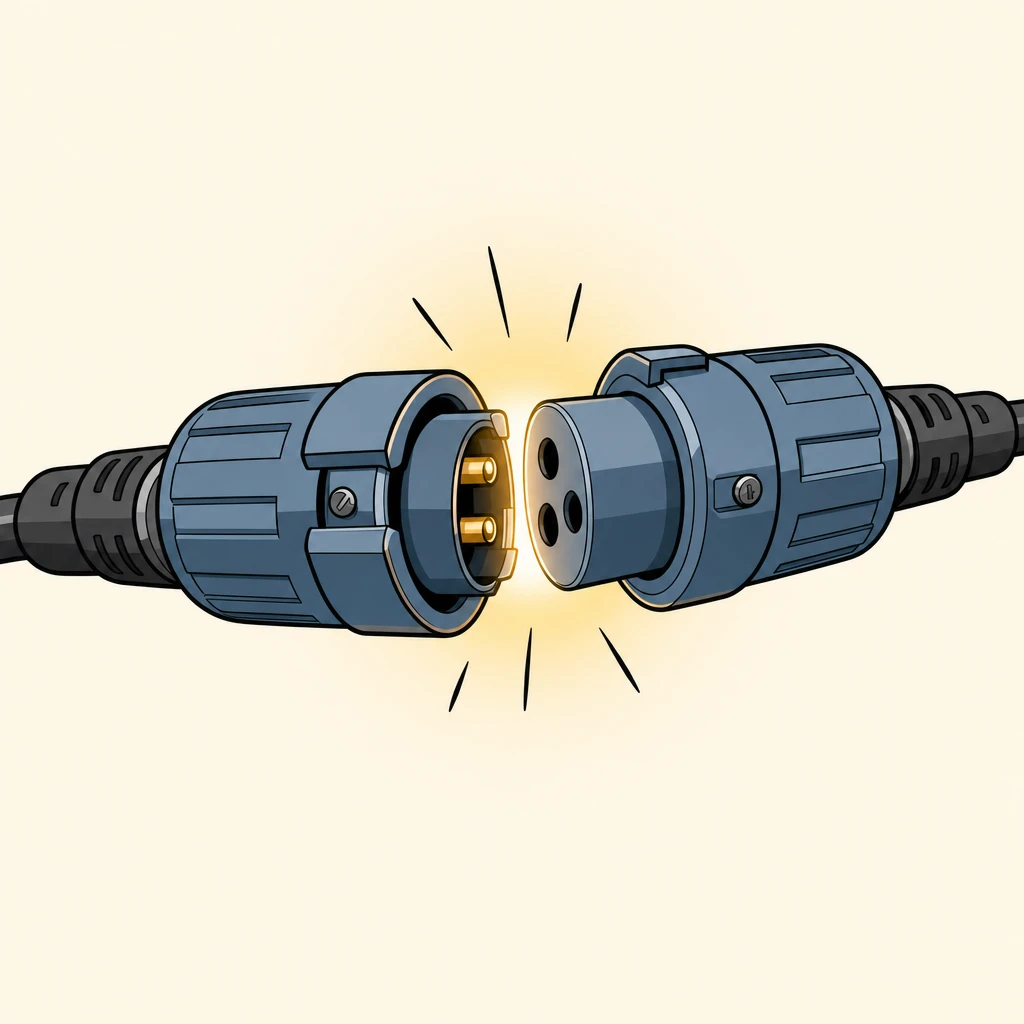 Comic illustration of two halves of a cable connector clicking together