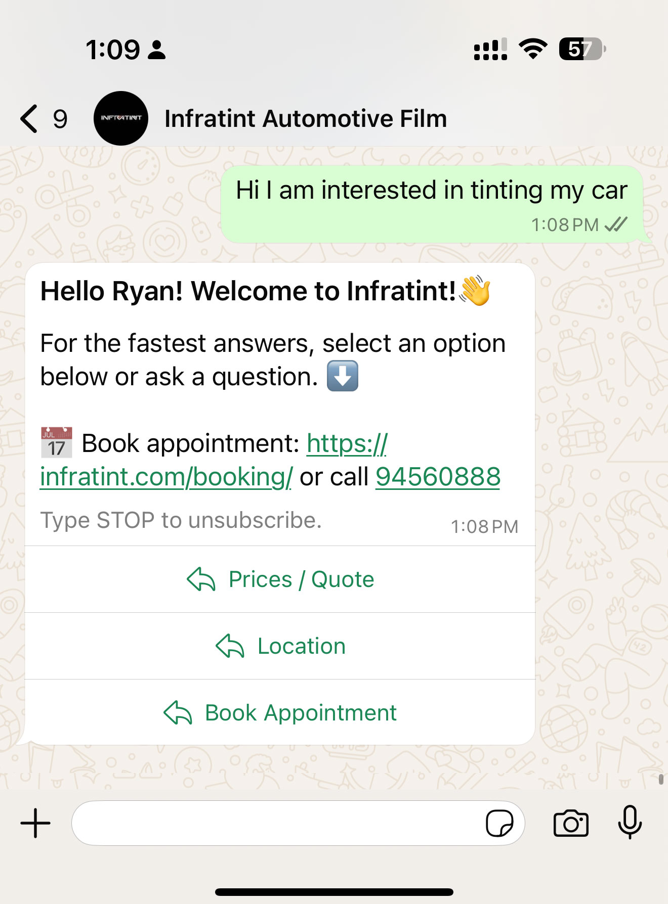 WhatsApp welcome menu with quick-reply buttons for Prices, Location and Book Appointment