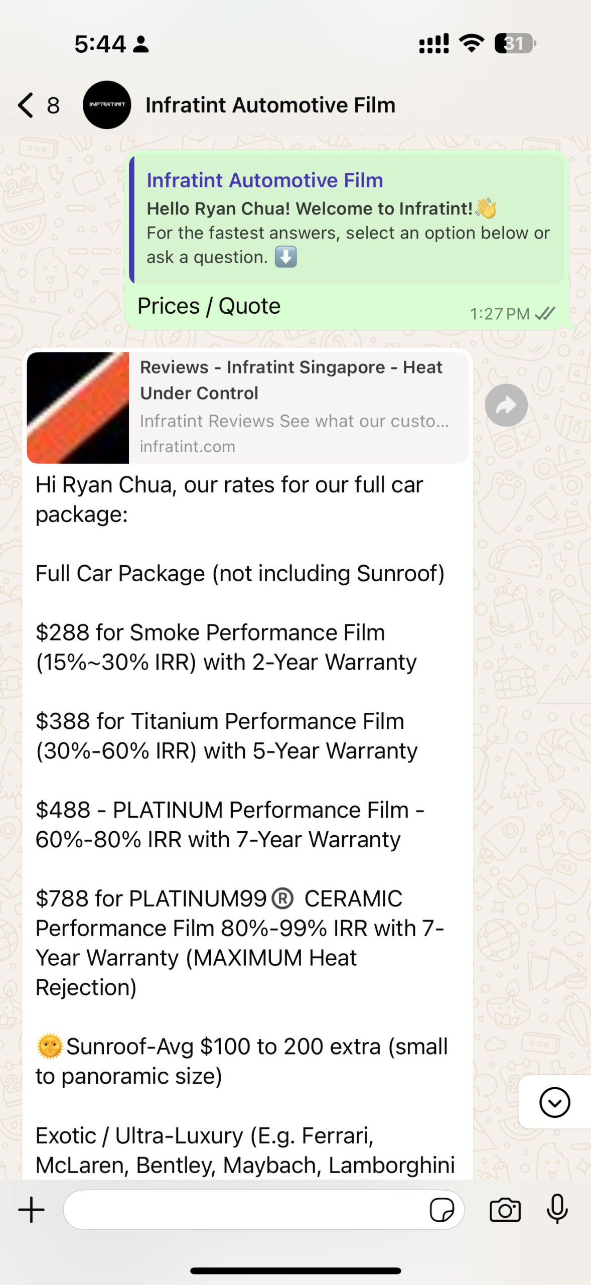 WhatsApp chatbot replying with a full price list for a Tesla Model Y window-tint package