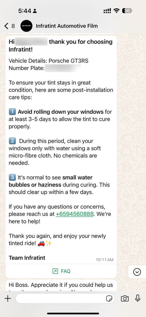 Post-installation care tips message thanking a customer for choosing Infratint