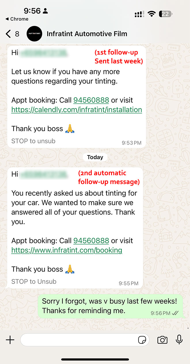 Two-stage automated follow-up to an unconverted lead, spaced over several days