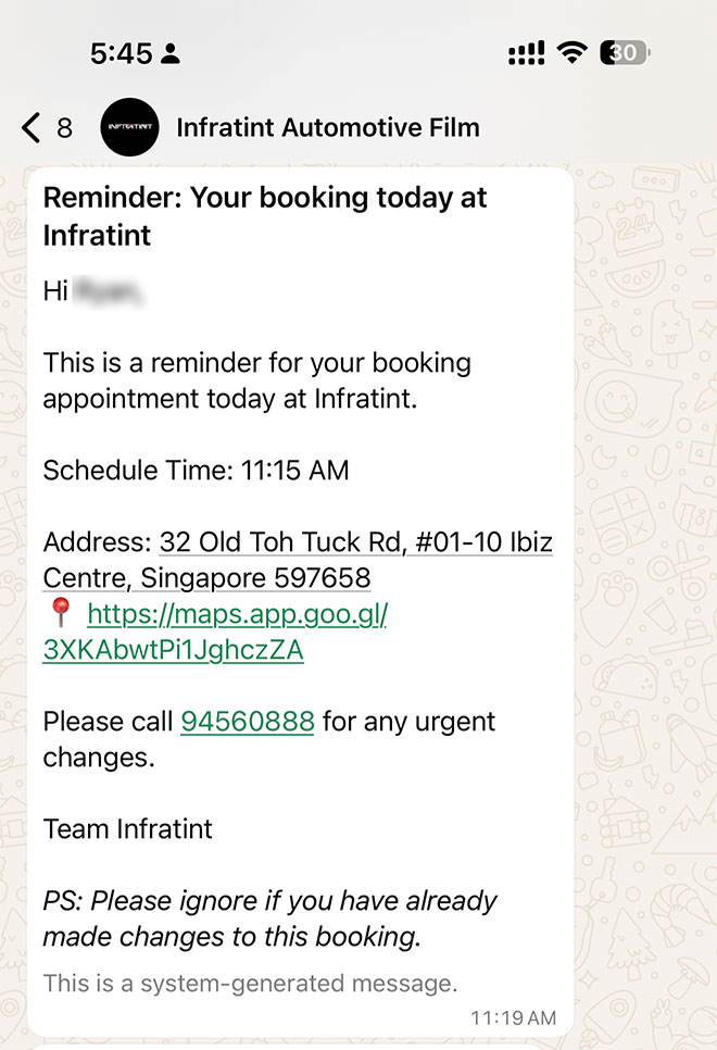 Templated WhatsApp booking reminder sent to a customer the day of their appointment