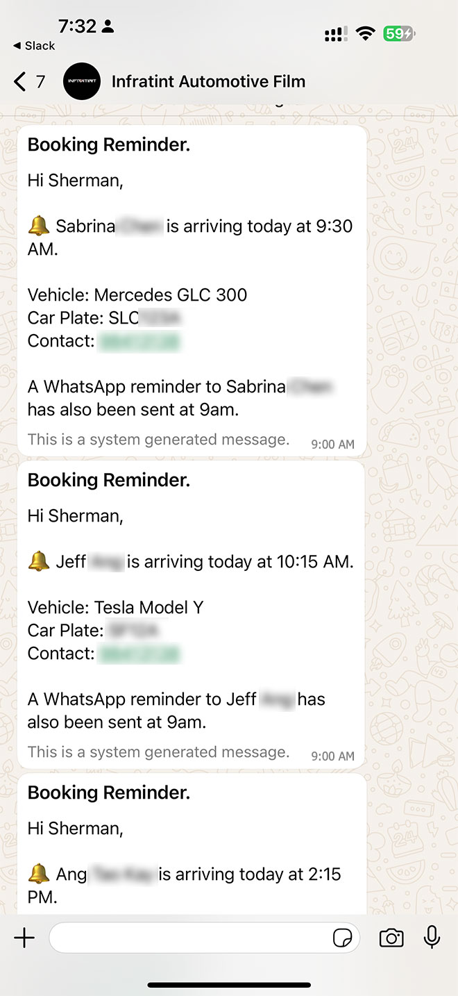 Sherman's morning WhatsApp digest listing each customer arriving that day with vehicle and contact details