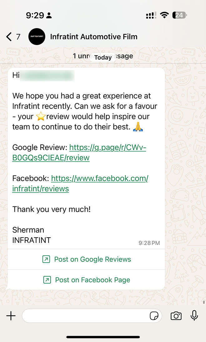 Post-service review request with one-tap links to Google Reviews and Facebook Page