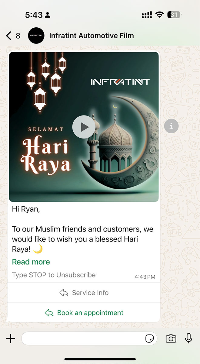 Hari Raya festive broadcast message sent to Infratint's customer base over WhatsApp