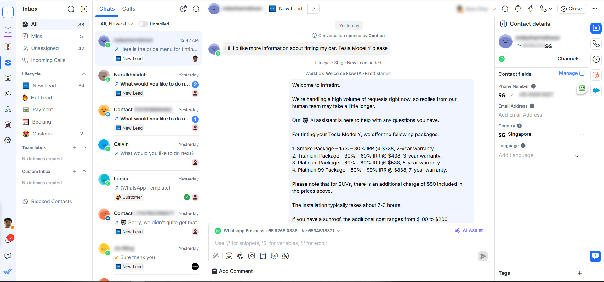 The respond.io desktop interface showing a live customer conversation in the unified inbox