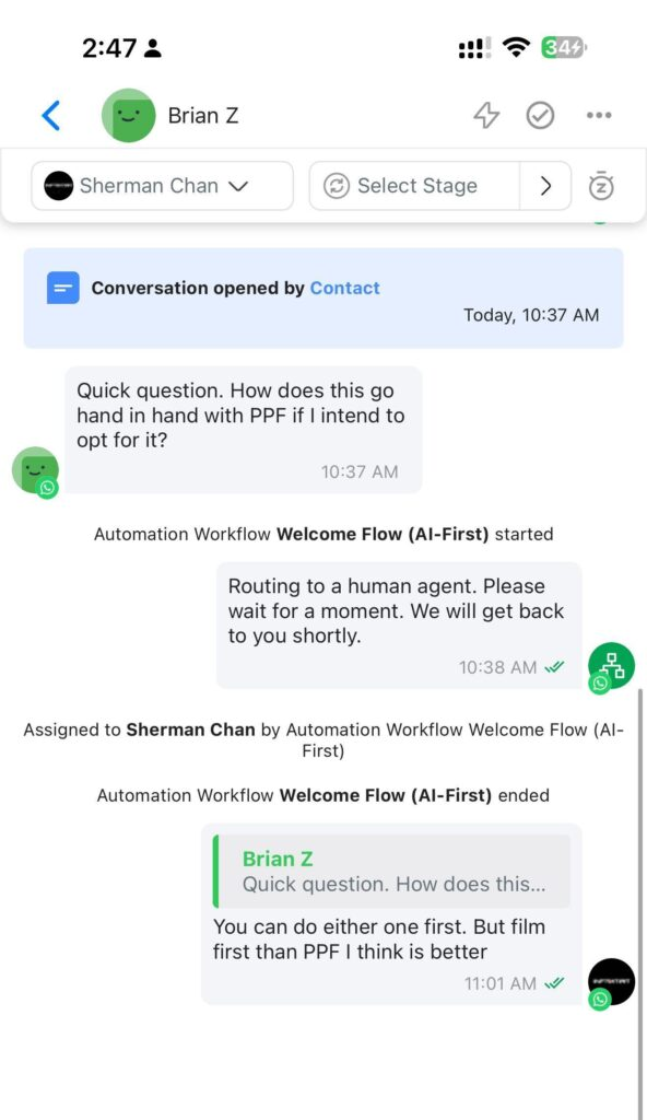 Chatbot handing the conversation to Sherman after detecting a complex enquiry
