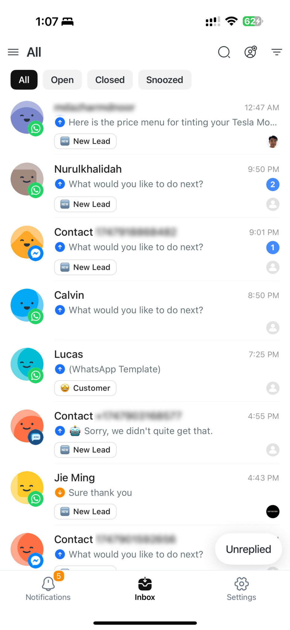 Mobile inbox view showing dozens of new leads queued in respond.io