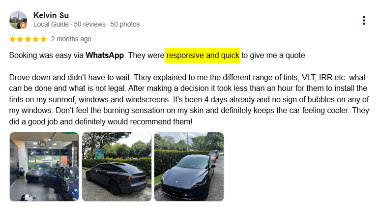 Five-star Google review from Kelvin Su highlighting Infratint's responsive WhatsApp service