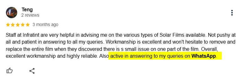Five-star Google review from Teng noting Infratint's quick replies on WhatsApp