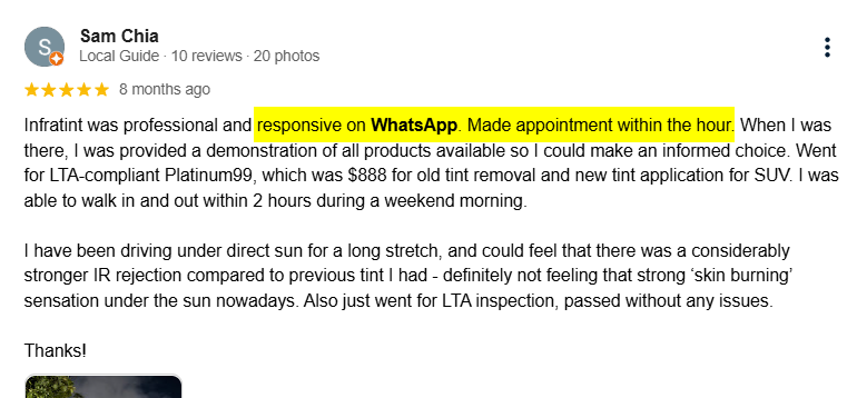 Five-star Google review from Sam Chia mentioning a WhatsApp appointment booked within the hour