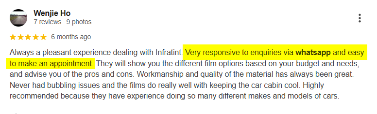Five-star Google review from Wenjie Ho praising the easy WhatsApp booking experience