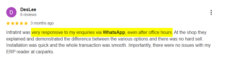 Five-star Google review from DesLee about responsive WhatsApp replies even after office hours