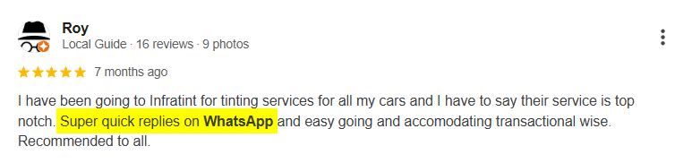 Five-star Google review from Roy describing super-quick WhatsApp replies