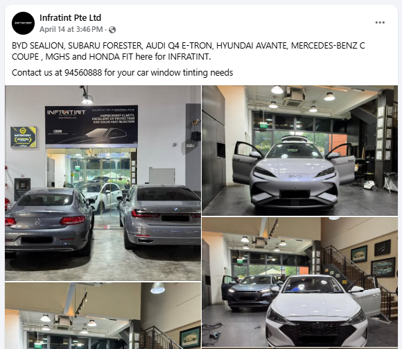 Infratint Facebook post showing BYD Sealion, Subaru Forester, Audi Q4 e-tron and other vehicles tinted in one day