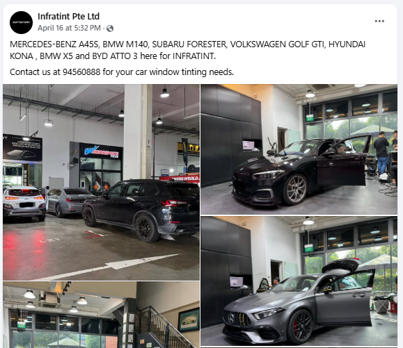 Infratint Facebook post featuring Mercedes-Benz A45S, BMW M140 and other premium cars in the workshop