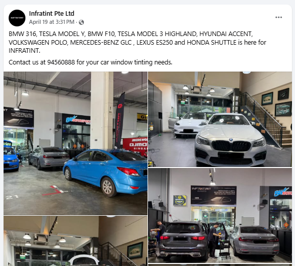 Infratint Facebook post with BMW 316, Tesla Model Y, BMW F10 and other vehicles installed on the same day