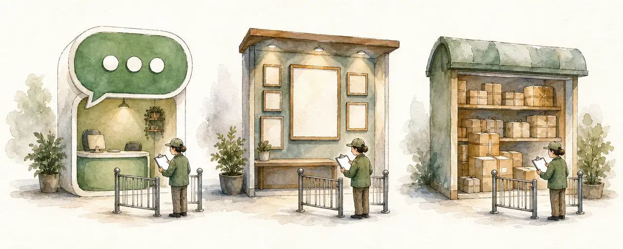 Watercolour illustration of three market booths in a row, a chat counter, a gallery of framed posters and a parcel stall, each with a small inspector checking papers at the door