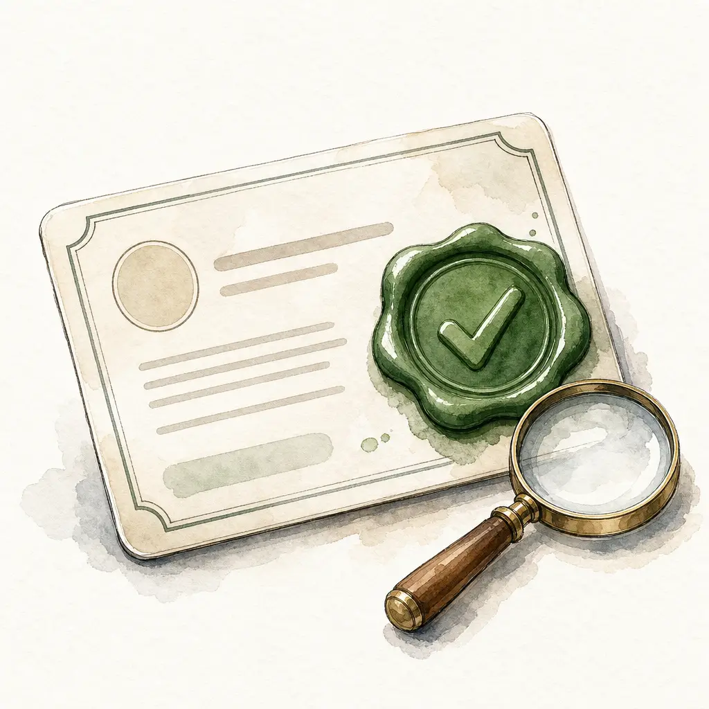 Watercolour illustration of a shopfront credential card sealed with a large green tick wax stamp, a small magnifying glass resting beside it