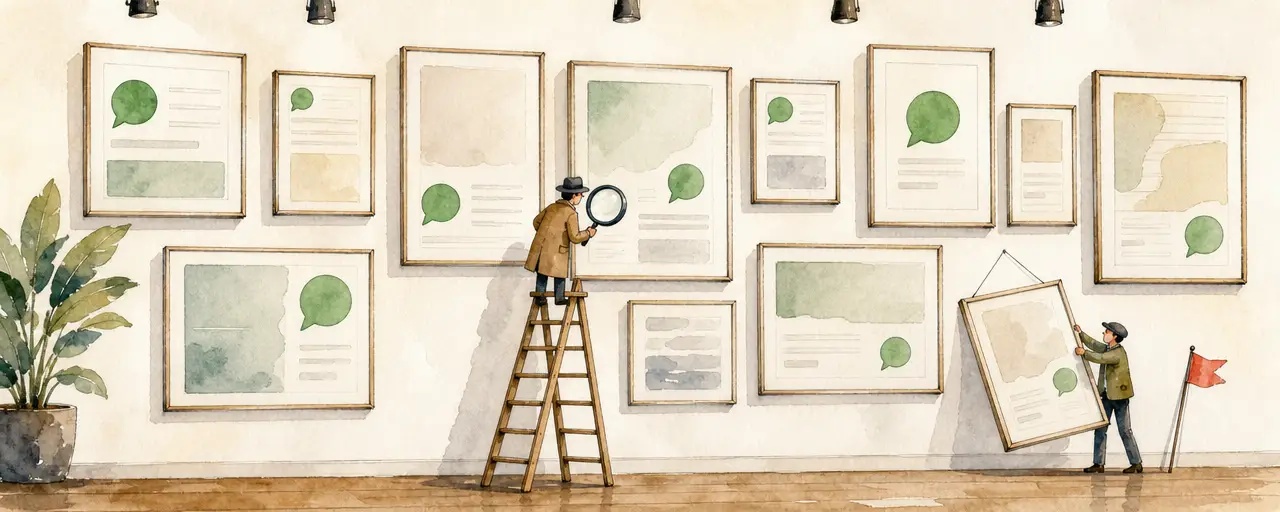 Watercolour illustration of a wall of framed blank posters with a small inspector on a ladder examining one through a magnifying glass while one flagged frame is taken down