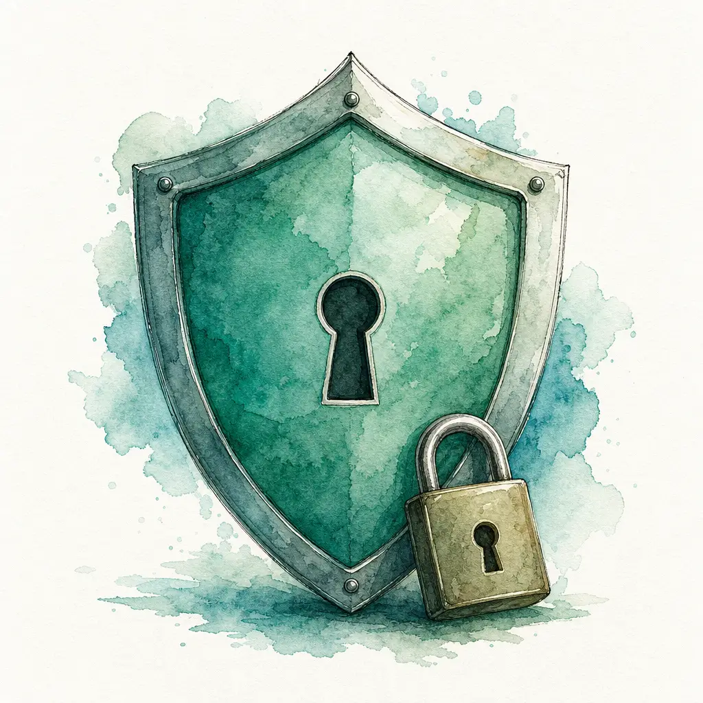 Watercolour illustration of a sturdy shield with a keyhole and a small padlock resting against it, soft teal blooms around the edges
