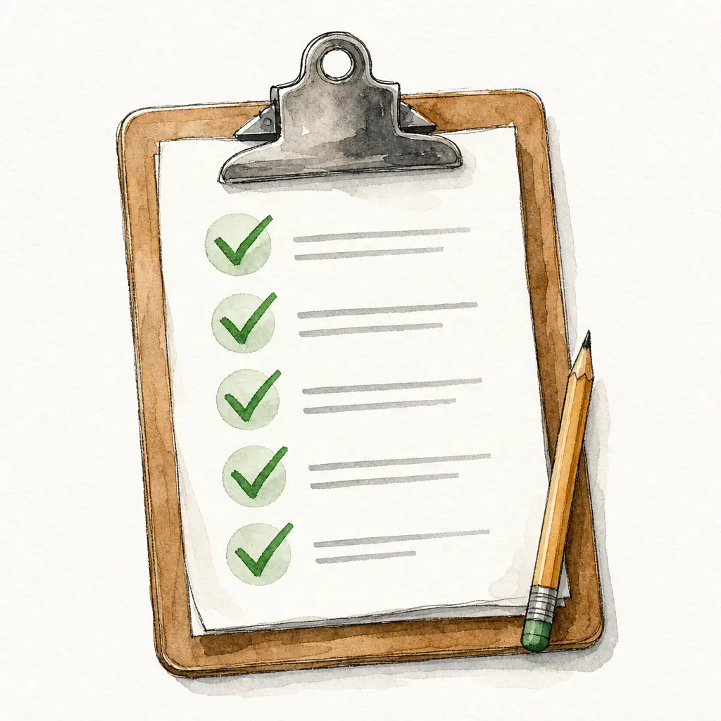 Watercolour illustration of a clipboard with bold hand-painted green ticks beside blank placeholder lines, a pencil resting at its side