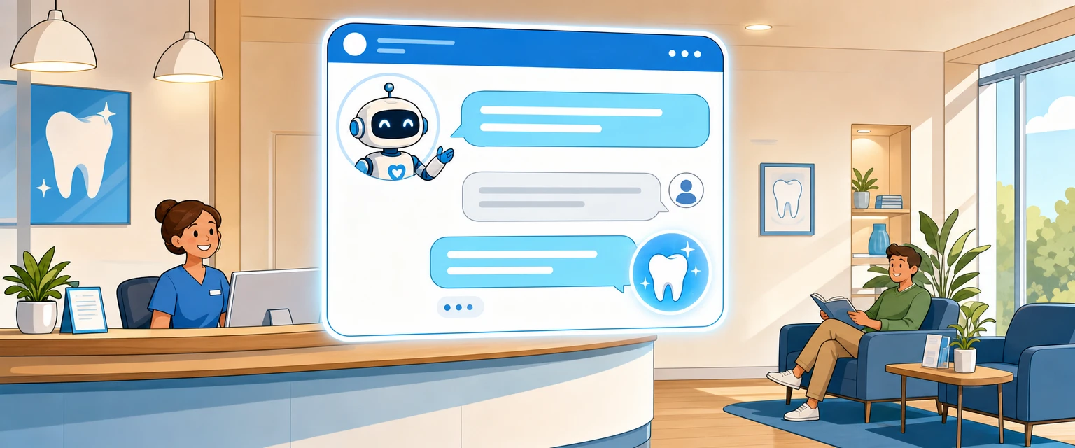 Comic illustration of an AI assistant replying to a patient enquiry on a glowing chat panel above a dental clinic front desk
