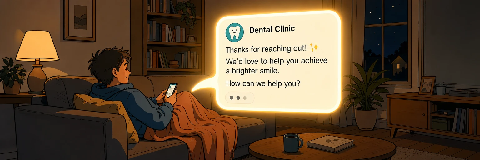 Comic illustration of a person on a sofa at night receiving a glowing instant reply from a dental clinic on their phone