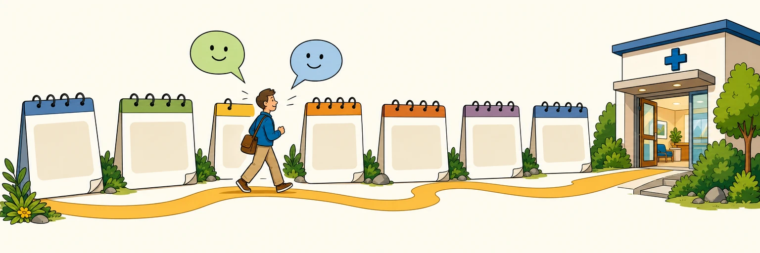 Comic illustration of a path across calendar tiles where friendly chat bubbles guide a customer toward a clinic doorway