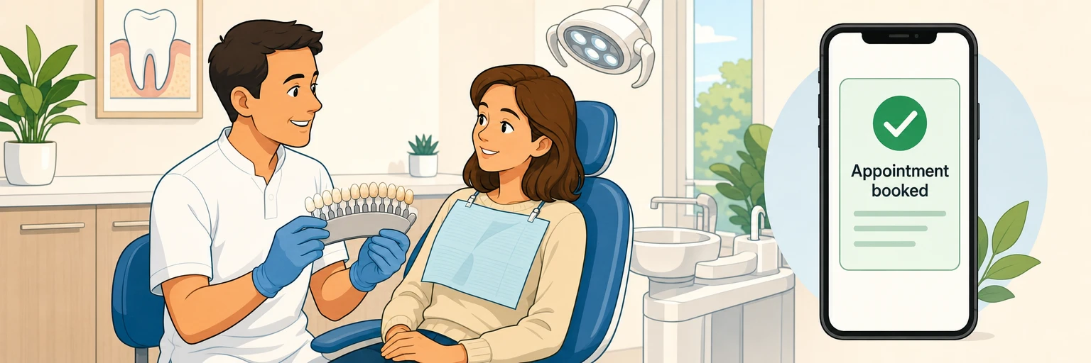 Comic illustration of a dentist showing a veneer shade fan to a patient in the chair beside a phone showing a booked appointment card