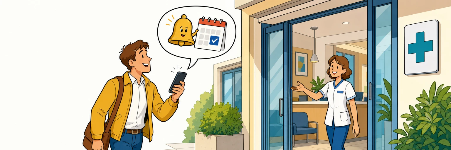 Comic illustration of a patient arriving at a clinic entrance with a friendly reminder bubble holding a bell and calendar card above their phone