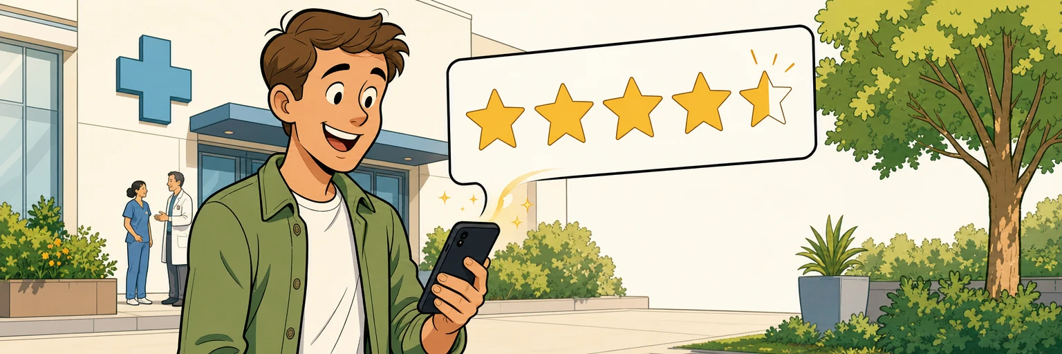 Comic illustration of a happy patient outside a clinic with a review card of stars filling in above their phone