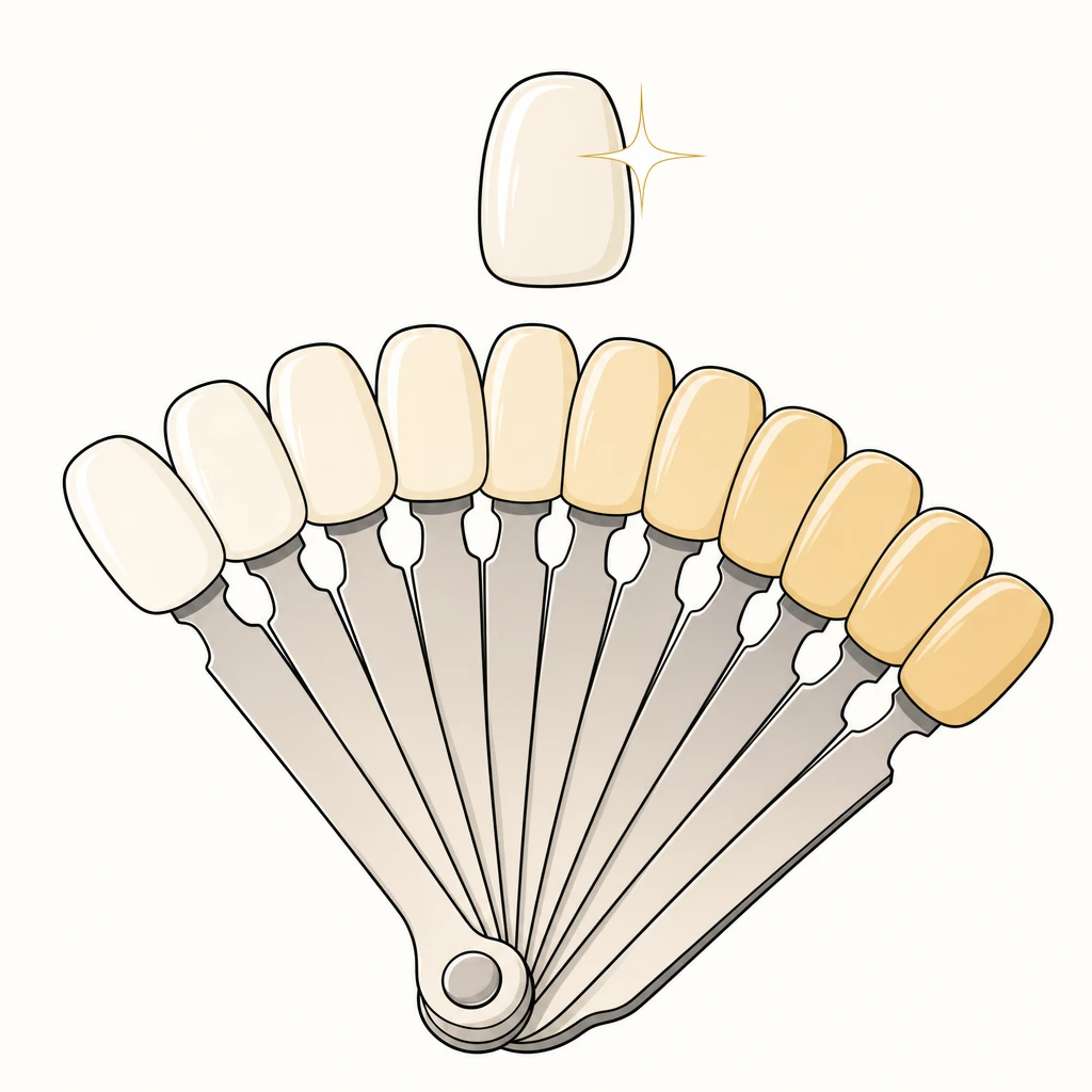 Comic illustration of a dental veneer shade guide fan with a sparkling tooth above it