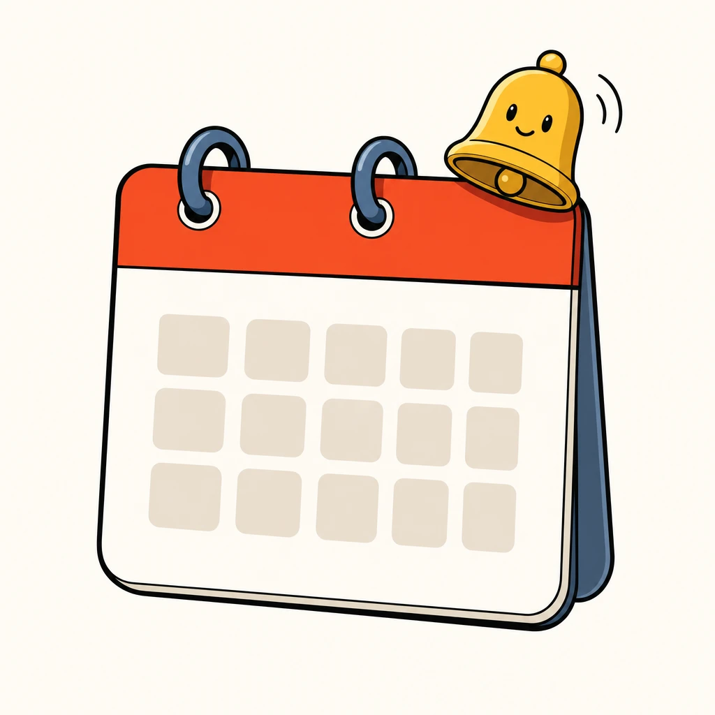 Comic illustration of an appointment calendar card with a bell on its corner