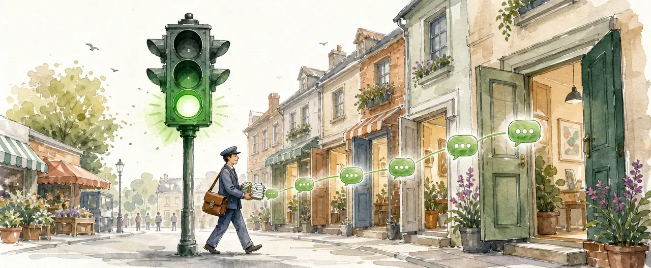 Watercolour illustration of a green traffic light standing over a small market street where a postal worker calmly delivers letters to open doors