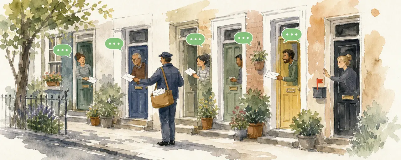 Watercolour illustration of a row of front doors and letterboxes where most residents happily accept letters while one resident turns a letter away and raises a small red flag