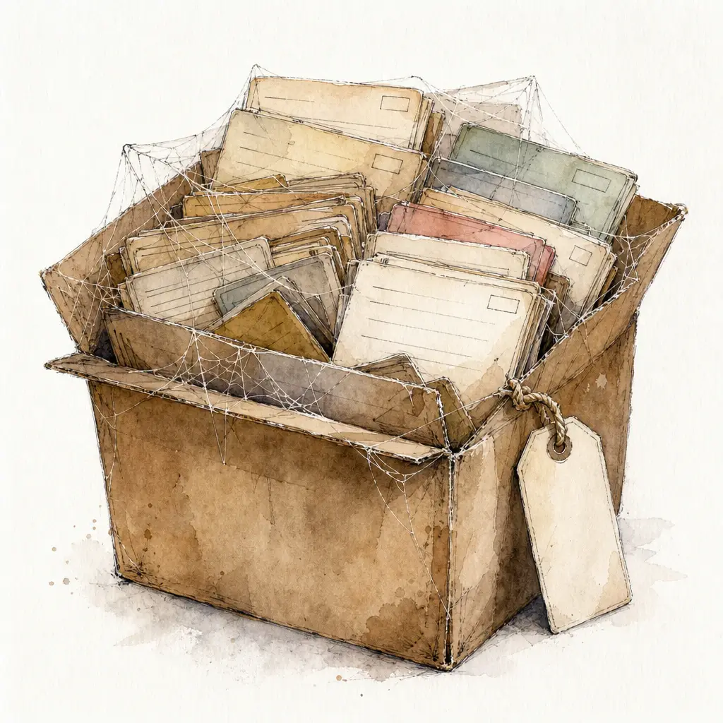 Watercolour illustration of a dusty cardboard box overflowing with tangled old address cards, a blank price tag tied to its side