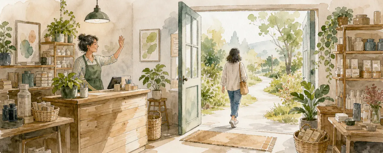 Watercolour illustration of a friendly shop interior with a wide-open exit door and a clear signpost path, one customer walking out calmly while the shopkeeper waves