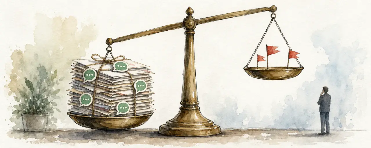 Watercolour illustration of a large brass balance scale, one pan holding a tall stack of welcomed letters and the other a few small red warning flags, the letter pan clearly heavier