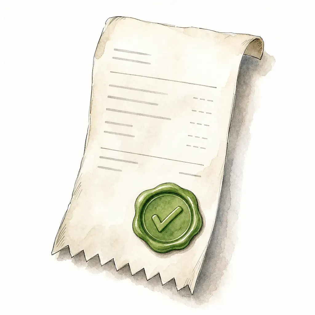 Watercolour illustration of a single neat paper receipt sealed with a friendly green tick wax stamp