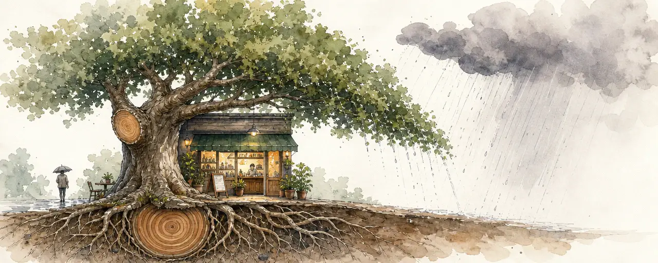 Watercolour illustration of a sturdy tree with visible growth rings on a cut branch sheltering a small shopfront from a passing rain cloud