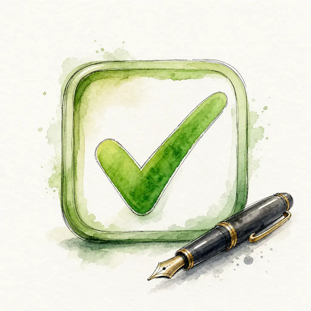 Watercolour illustration of a single large rounded checkbox with a hand-painted tick, glowing softly