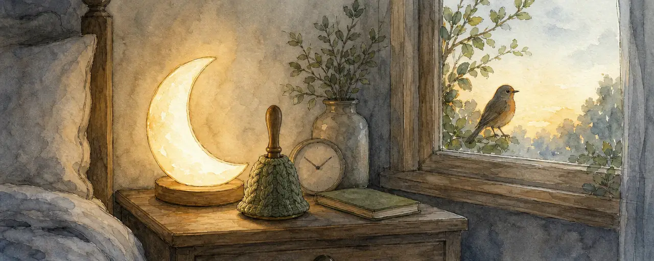 Watercolour illustration of a bedside table with a softly glowing moon lamp and a silenced bell while morning sunlight and a songbird wait outside the window
