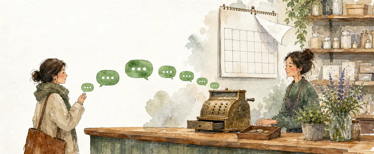 Watercolour illustration of a shop counter where a customer's chat bubbles cross towards a shopkeeper past a brass till with a blank wall calendar behind