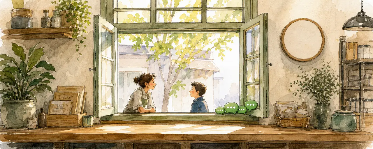 Watercolour illustration of a shop interior with an open sash window, chat bubbles resting on the sill and a blank wall clock, a shopkeeper chatting with a customer outside