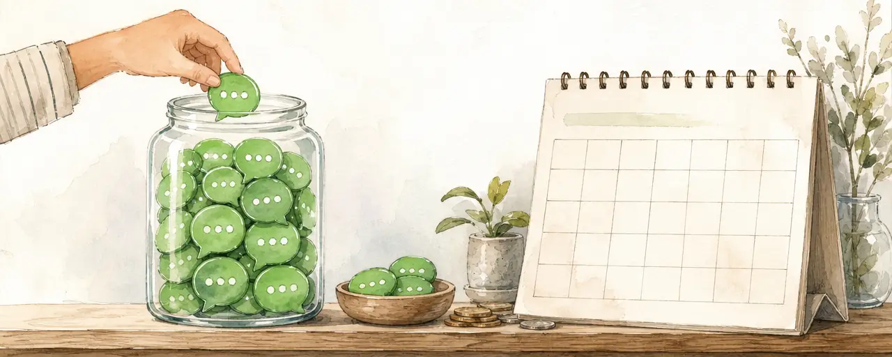 Watercolour illustration of a glass jar full of green chat bubble tokens on a shelf beside a blank wall calendar, a hand taking one token, spent tokens in a dish and coins behind it
