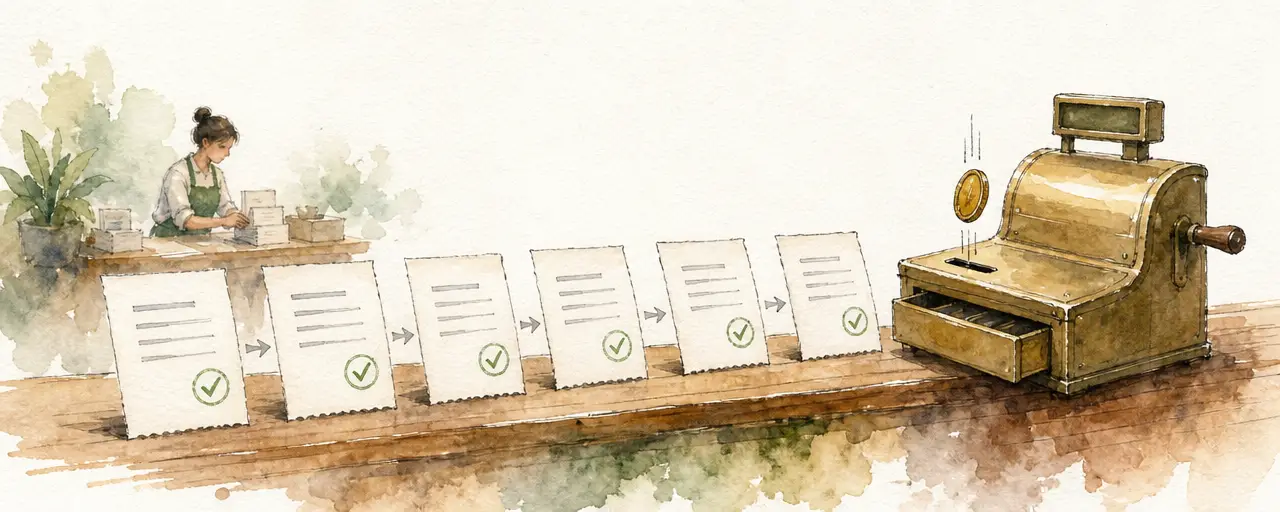 Watercolour illustration of receipt-style cards with green tick stamps moving along a counter towards a brass till, a coin dropping into a slot