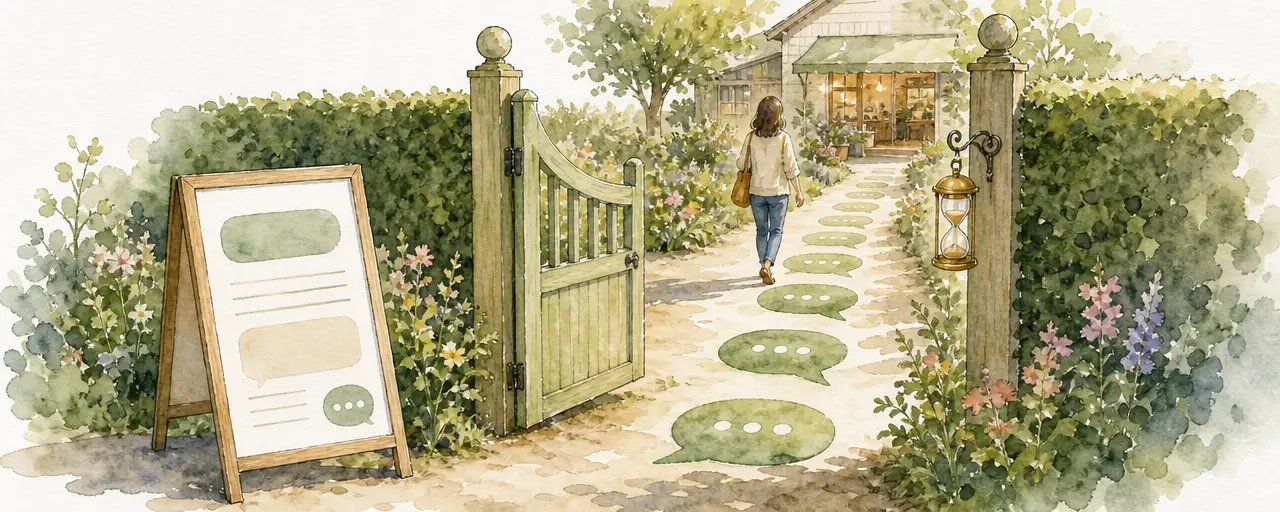 Watercolour illustration of an open garden gate with a poster board outside, a customer walking along chat-bubble stepping stones towards a small shop, an hourglass hanging on the gatepost