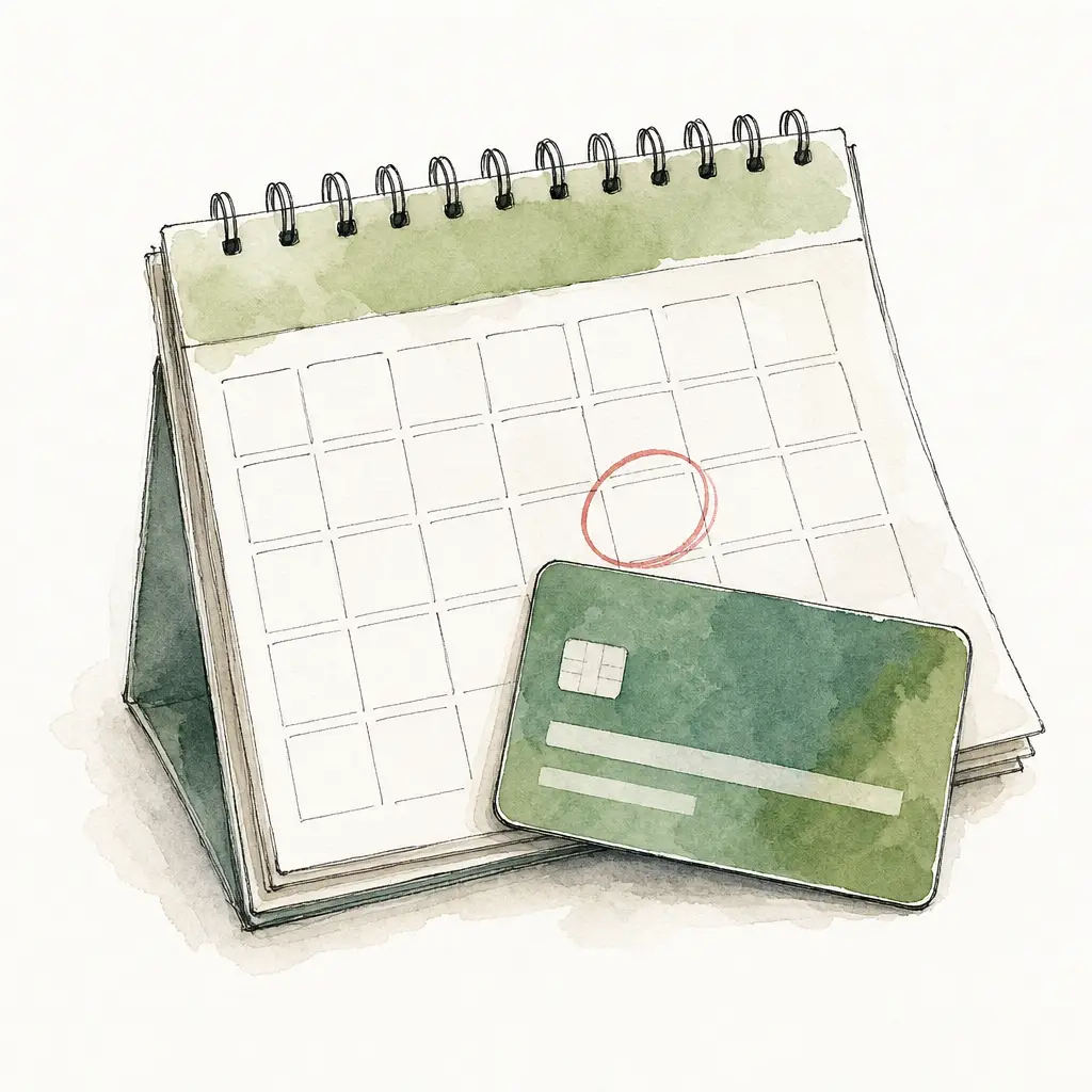 Watercolour illustration of a bank card with blank stripes resting on a blank calendar page with one square circled in red pencil