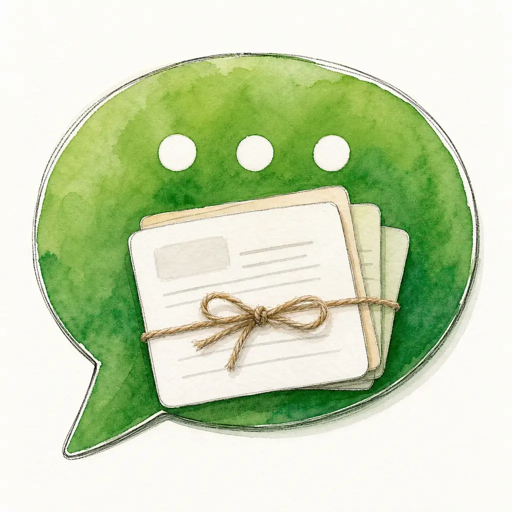 Watercolour illustration of a large green chat bubble holding three small stacked paper cards tied with twine